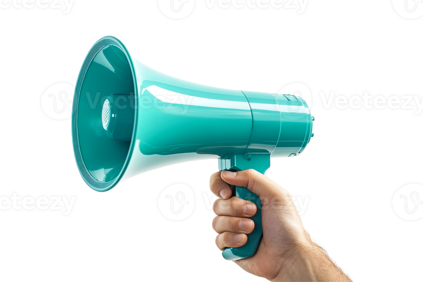 A hand holds a teal megaphone transparent background, casting no shadow. The megaphone has ribbed detail near the horn png