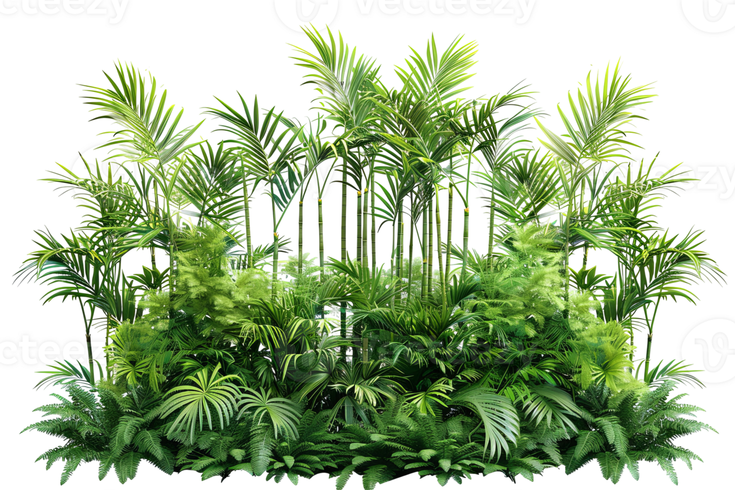 Lush greenery unfolds, a vibrant mix of palms and foliage, creating a dense, tropical oasis png