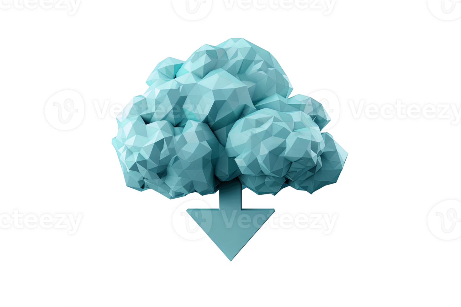 Low-poly light blue cloud with arrow pointing down on a transparent background in a minimalist, digital art style png