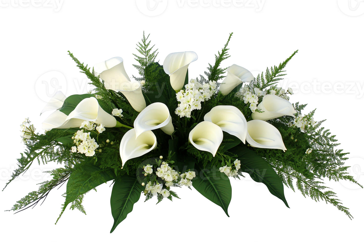 Lush arrangement featuring elegant white calla lilies, delicate foliage, and petite white flowers png