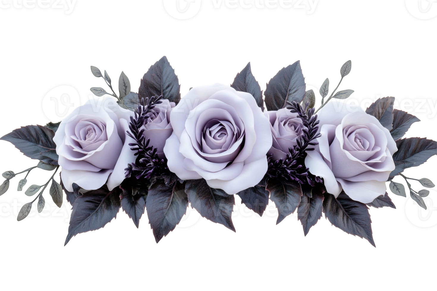 Elegant arrangement of violet roses and dark leaves against a transparent background, perfect for decorations png