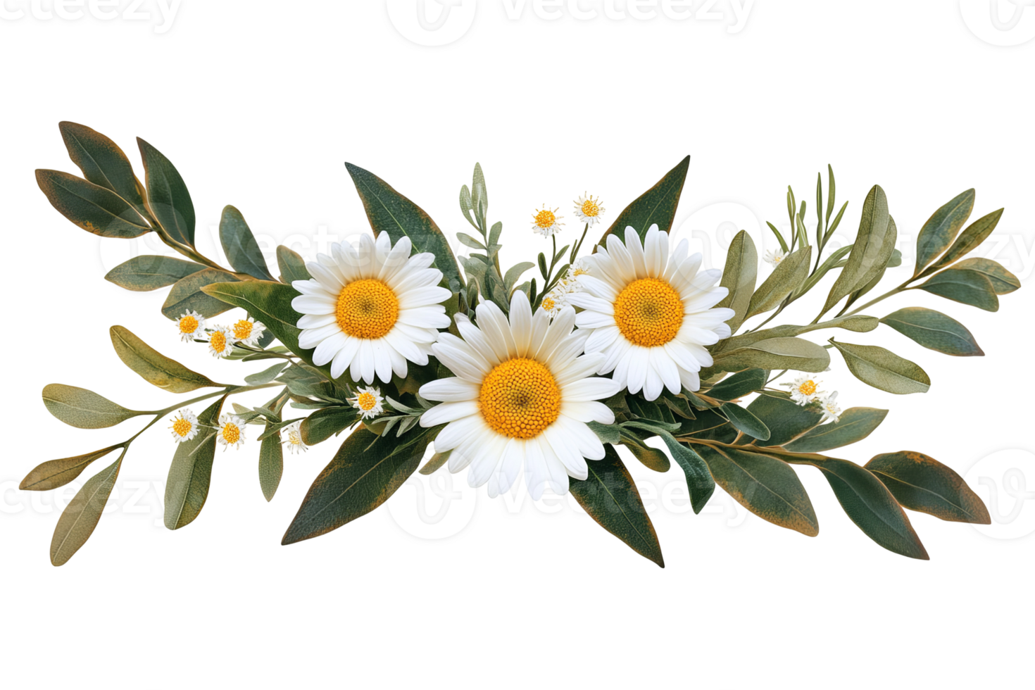 Daisies and greenery, artfully arranged. Creamy white blooms nestled among lush green foliage. Serene floral arrangement png