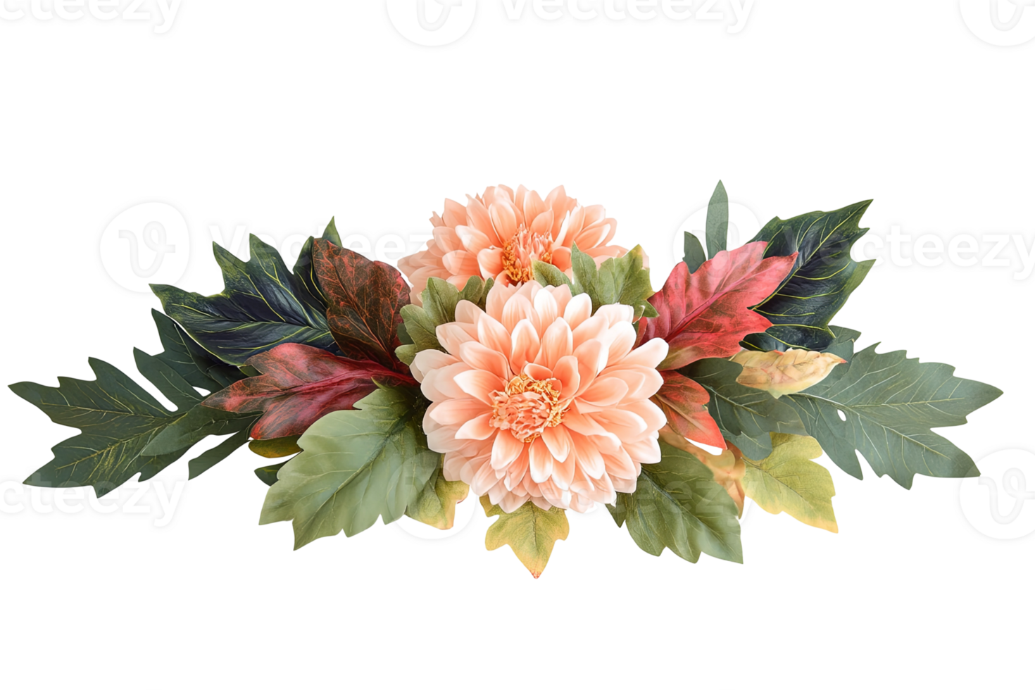 Floral arrangement featuring peach-colored flowers surrounded by green and red leaves on a transparent background png