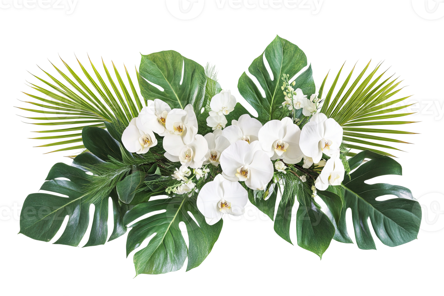 A lush display of white orchids, monstera leaves, and palm fronds creating a vibrant, tropical arrangement. Elegant and refreshing png