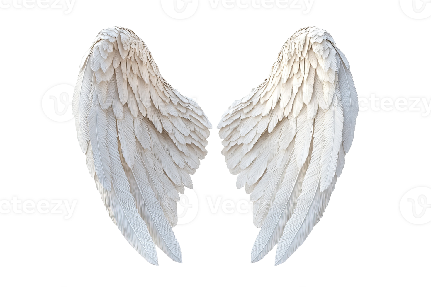 Angelic spread with two symmetrical, ethereal white feather wings on transparent background. Fluffy and soft texture, bright, and gentle png