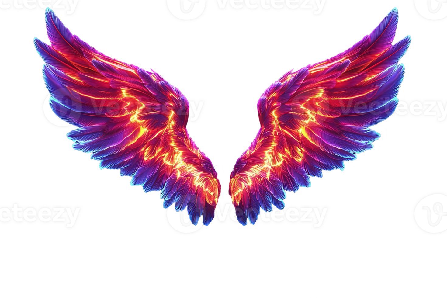 Vibrant, luminous wings with a fire-like core, gradient from red to purple on a clean transparent background png