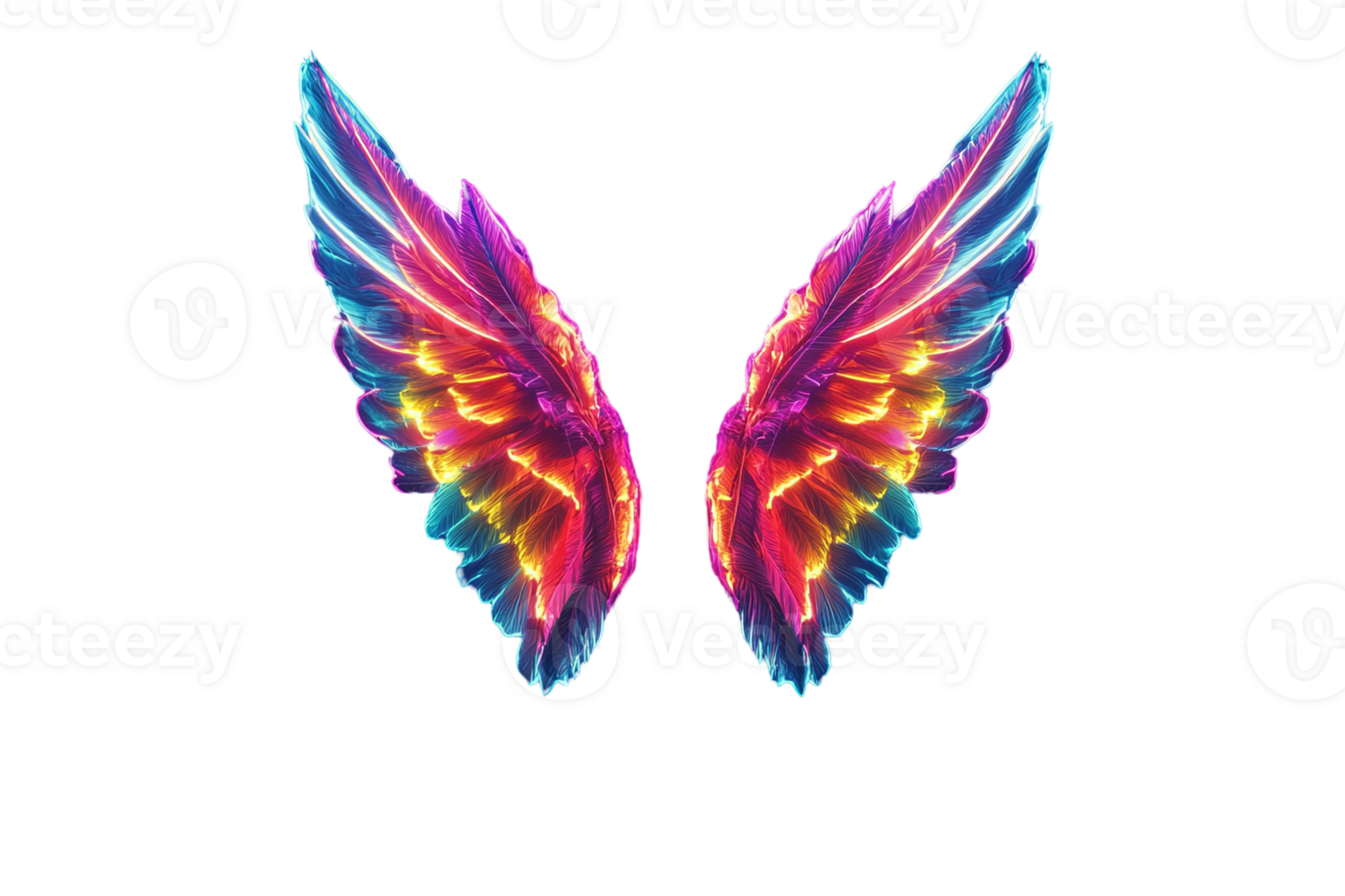 Symmetrical, glowing wings with vivid hues of blue, red, and yellow, with intricate feather details and a transparent background png