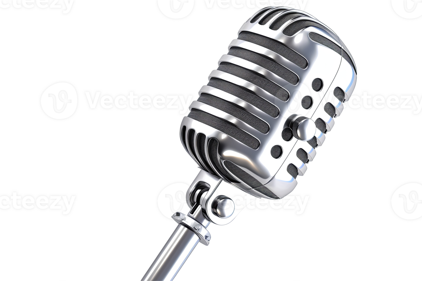 A classic-style microphone with shiny, silver details on a transparent background png