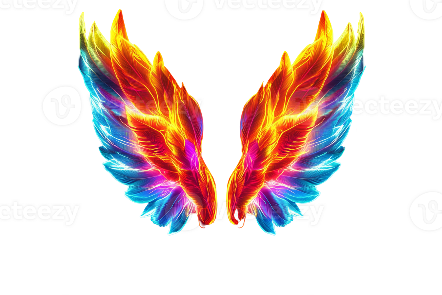 Beautiful, symmetrical wings ablaze with vibrant color. Radiating energy in blue, yellow, and red hues on transparent background png