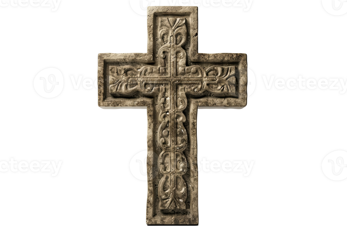 An intricately carved, aged stone cross, illuminated against a transparent background, with floral detailing along each arm png