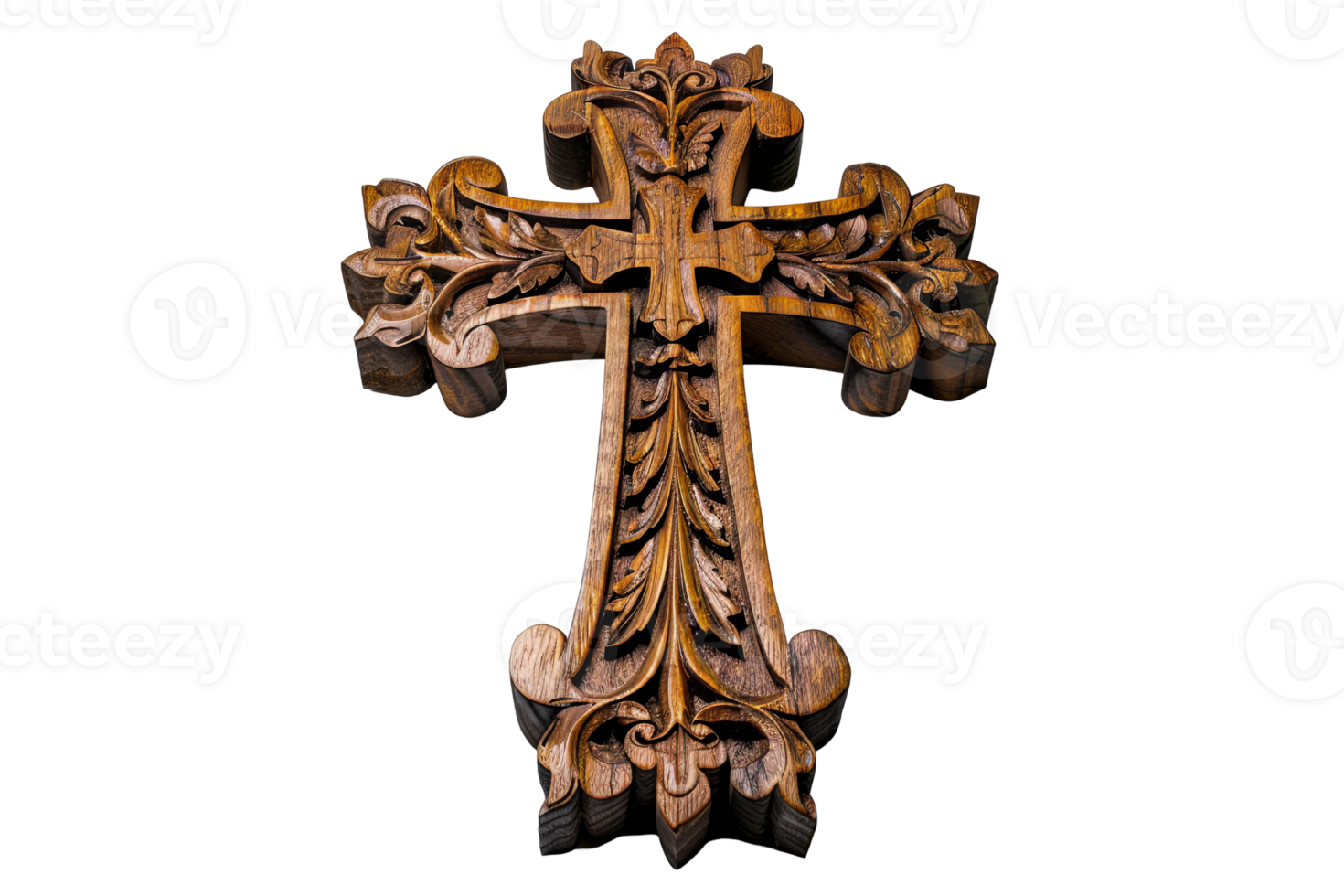 Intricately carved wooden cross with leaf detail. Light brown wood on transparent background. Depth and detail in the carving visible png