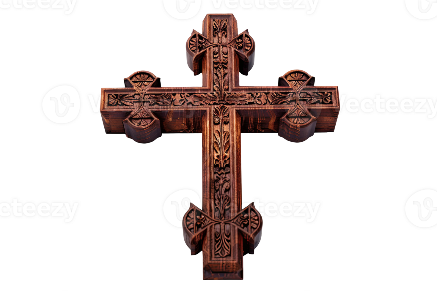 Ornate wood cross with detailed carvings against a transparent background evokes religious art. Crafted with care png