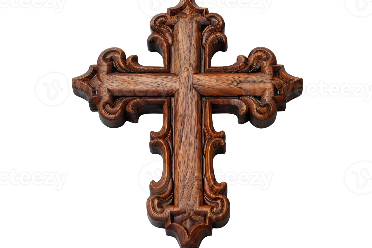 Carved wooden cross with ornate detailing against a transparent background, symbolizing faith and craftsmanship png