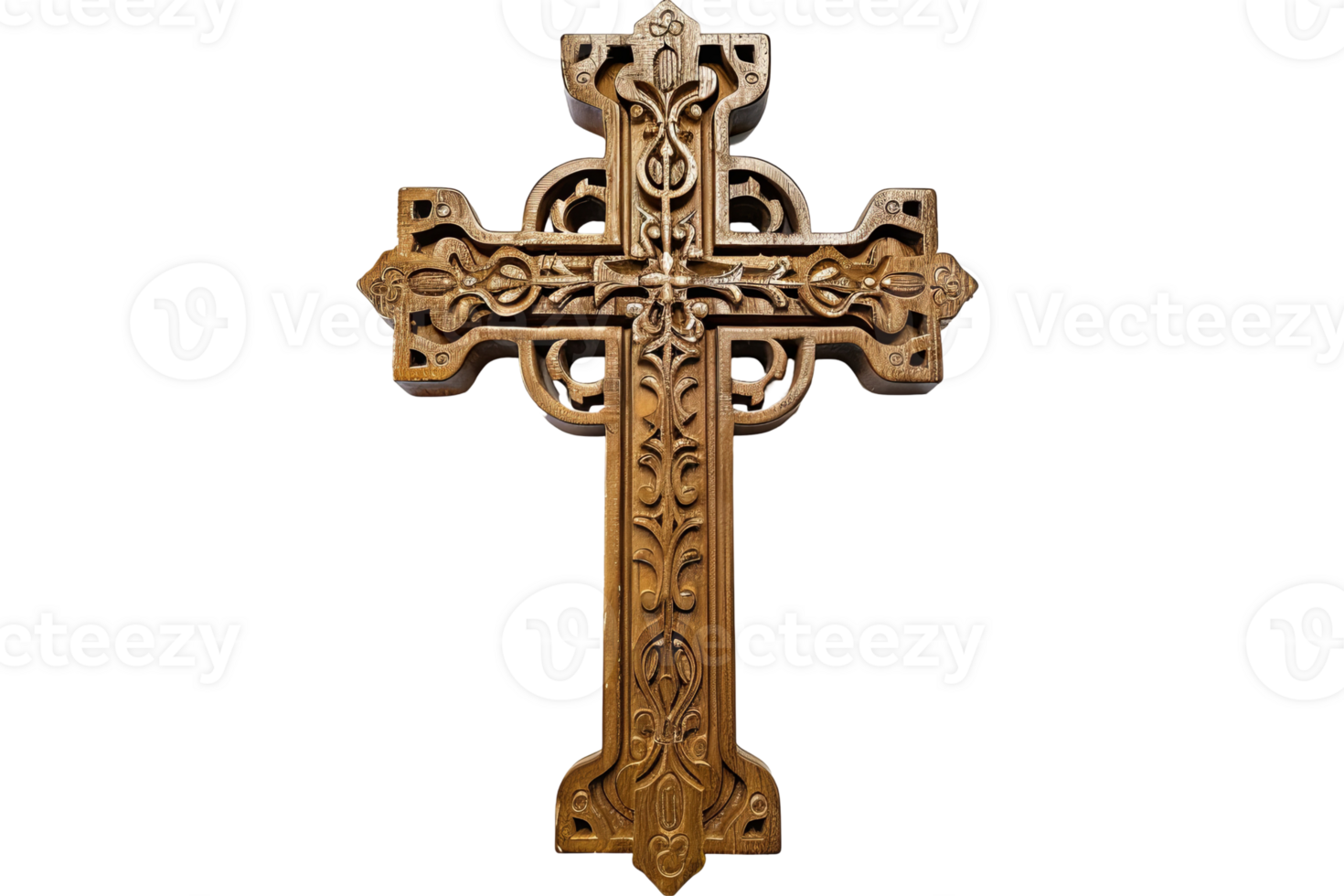 Intricate, wooden cross with detailed scrollwork against a transparent background. Simple, yet sophisticated, design png