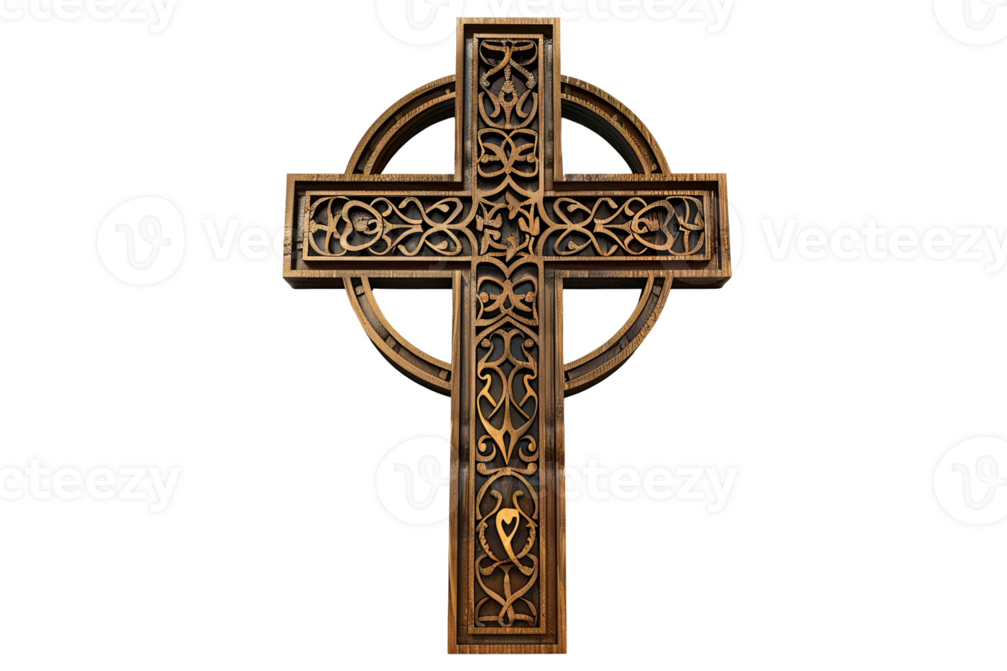 Ornate cross with intricate carvings, set against a simple, transparent background. Symbolizing faith, heritage, and artistic beauty png