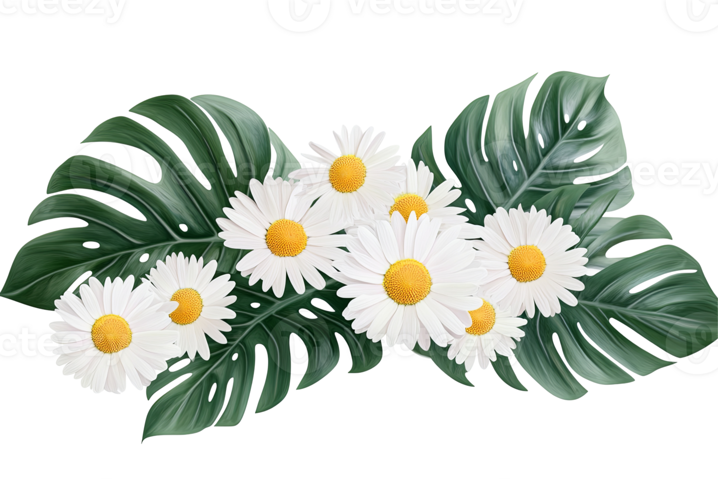 Lush monstera leaves frame pristine white daisies, creating a serene floral arrangement png