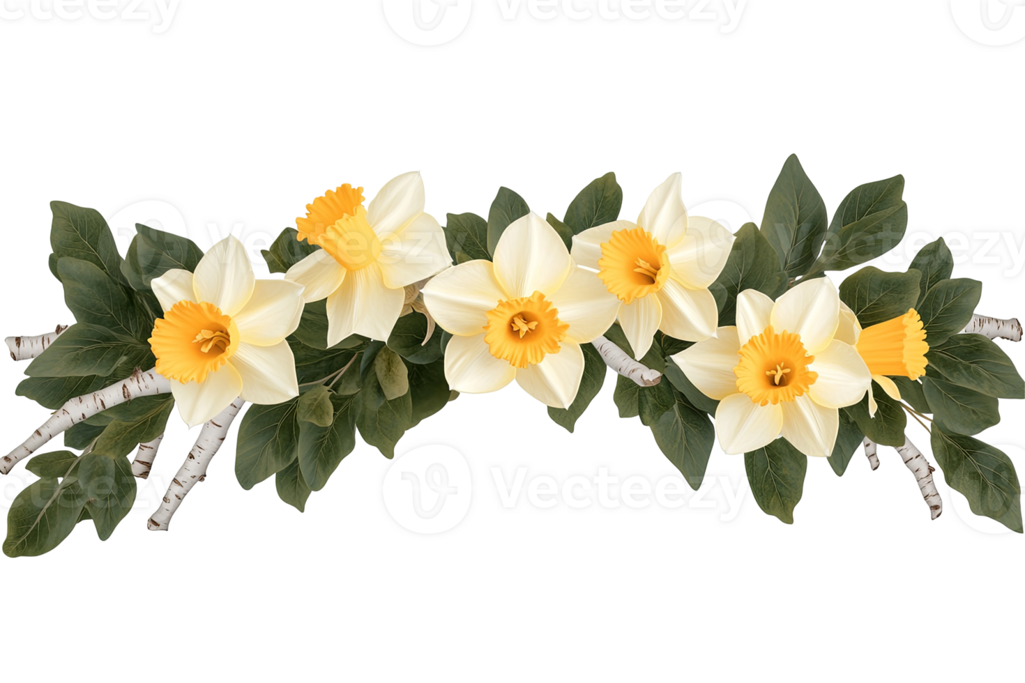 Elegant floral arrangement of daffodils with green leaves, resting on birch branches, against a transparent background png