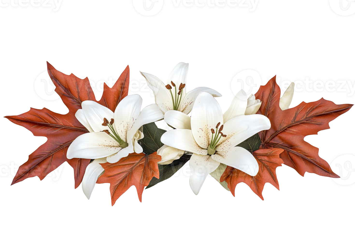 Lilies and rust colored leaves bouquet, perfect for autumn decoration with floral elegance, and warm tones, on a transparent background png