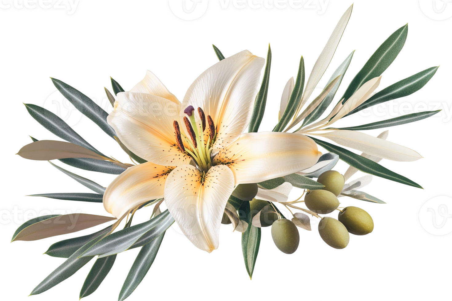 A soft floral arrangement featuring a large, elegant lily surrounded by olive leaves and fruit on a transparent background png
