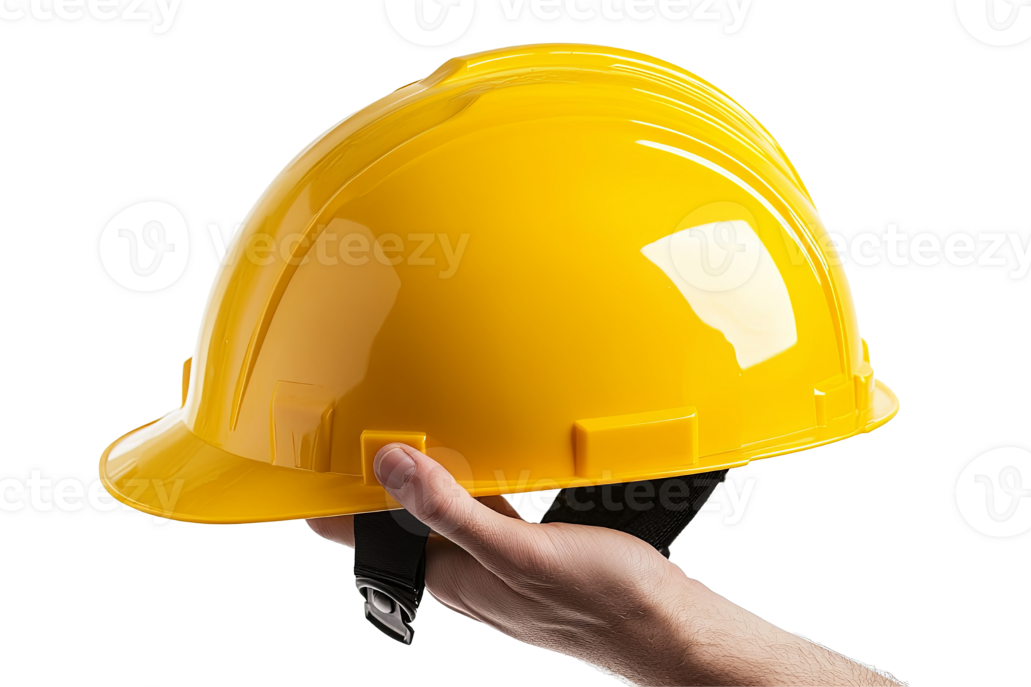 A yellow hard hat is held by a hand, symbolising workplace safety and protection against hazards, set against a transparent background png