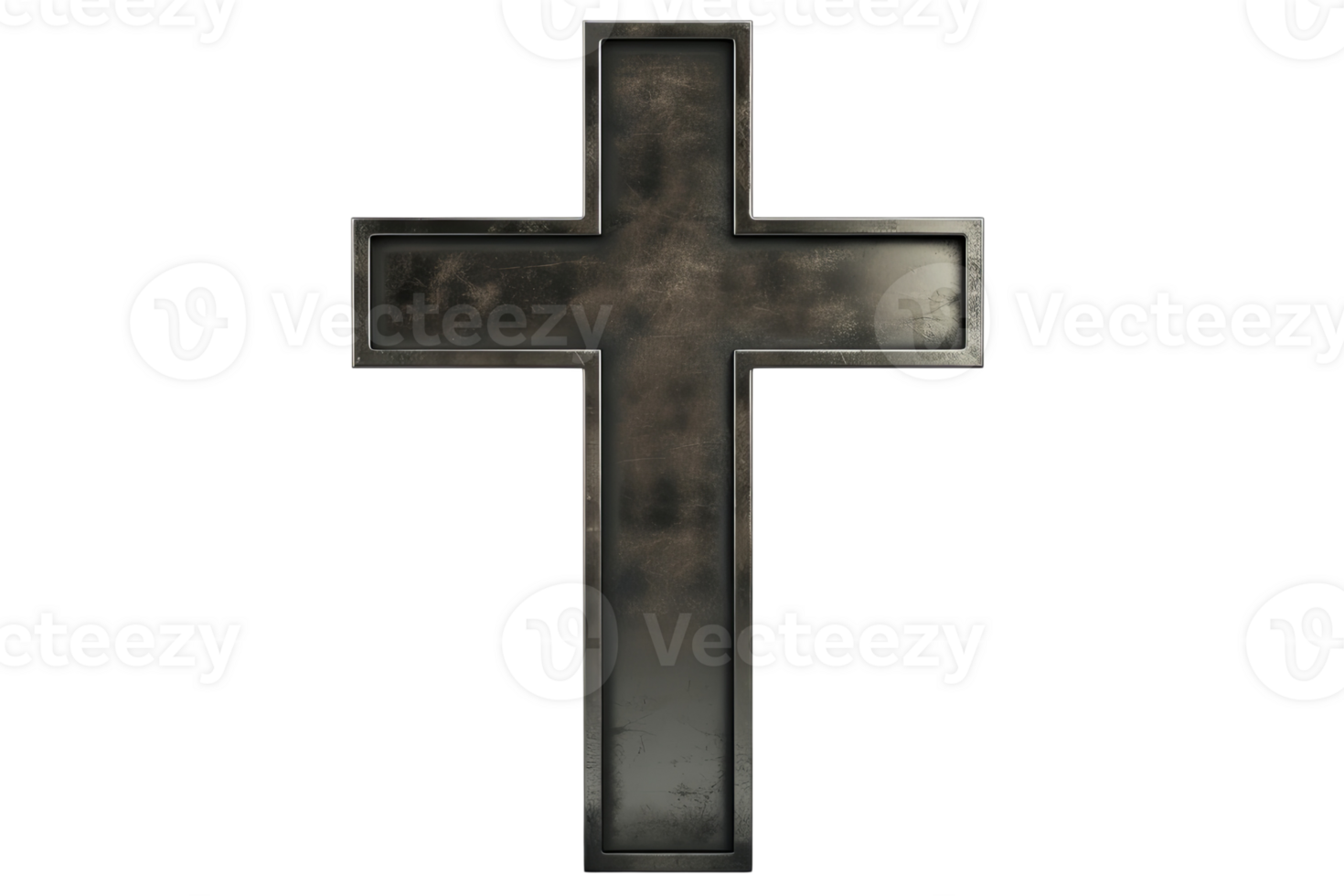 Metal cross with rusty texture. Symbol of faith, tradition. Dark outline against a transparent background png