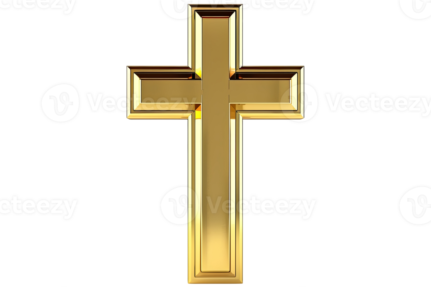 Shimmering gold cross, centered transparent background. Simple yet strong. Religious symbol glowing on a transparent background png
