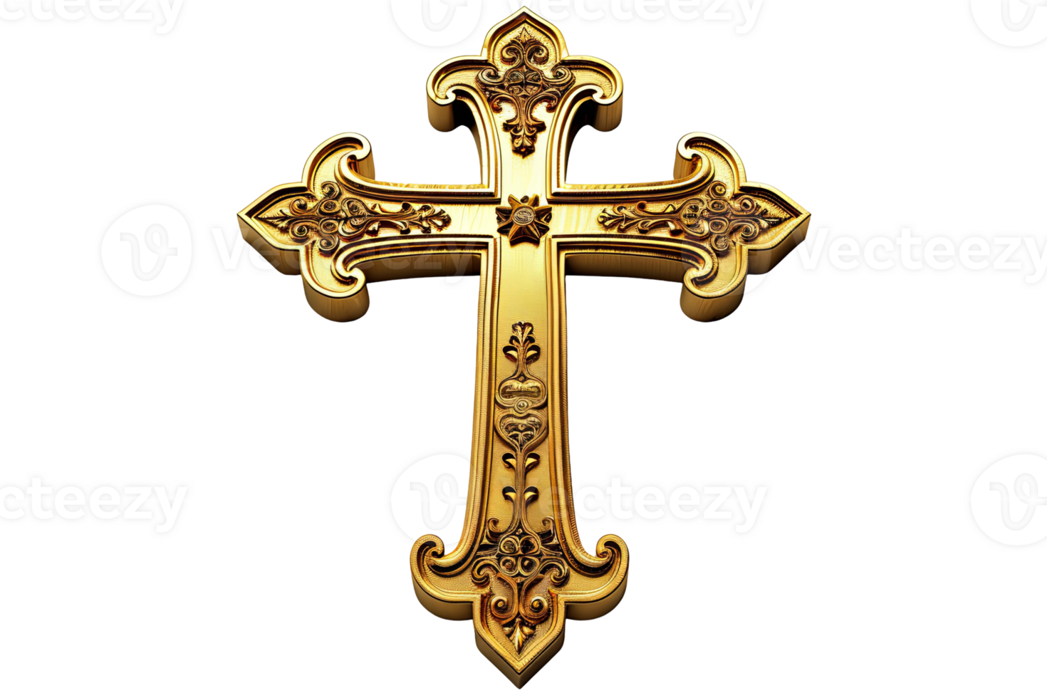 Ornate golden cross. The cross has decorative scrolls and it's centered against a transparent background png