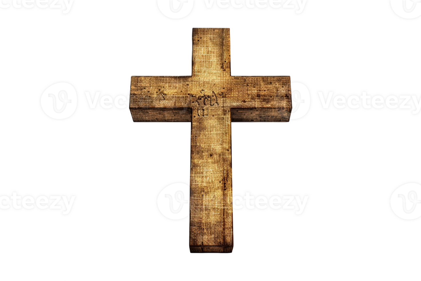 Old, weathered wooden cross on transparent background. Mottled brown texture. Symbol of faith, spirituality, and antiquity. Somber and impactful png