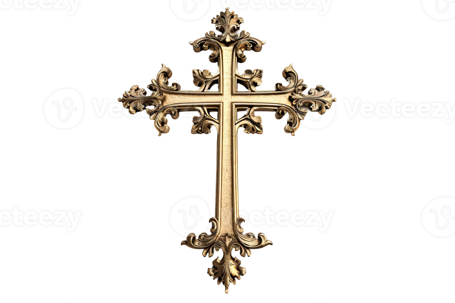 Detailed gold cross on transparent background. Ornamental shape, symbol, and ornate details define the Christian cross. Symbol of faith and religion png