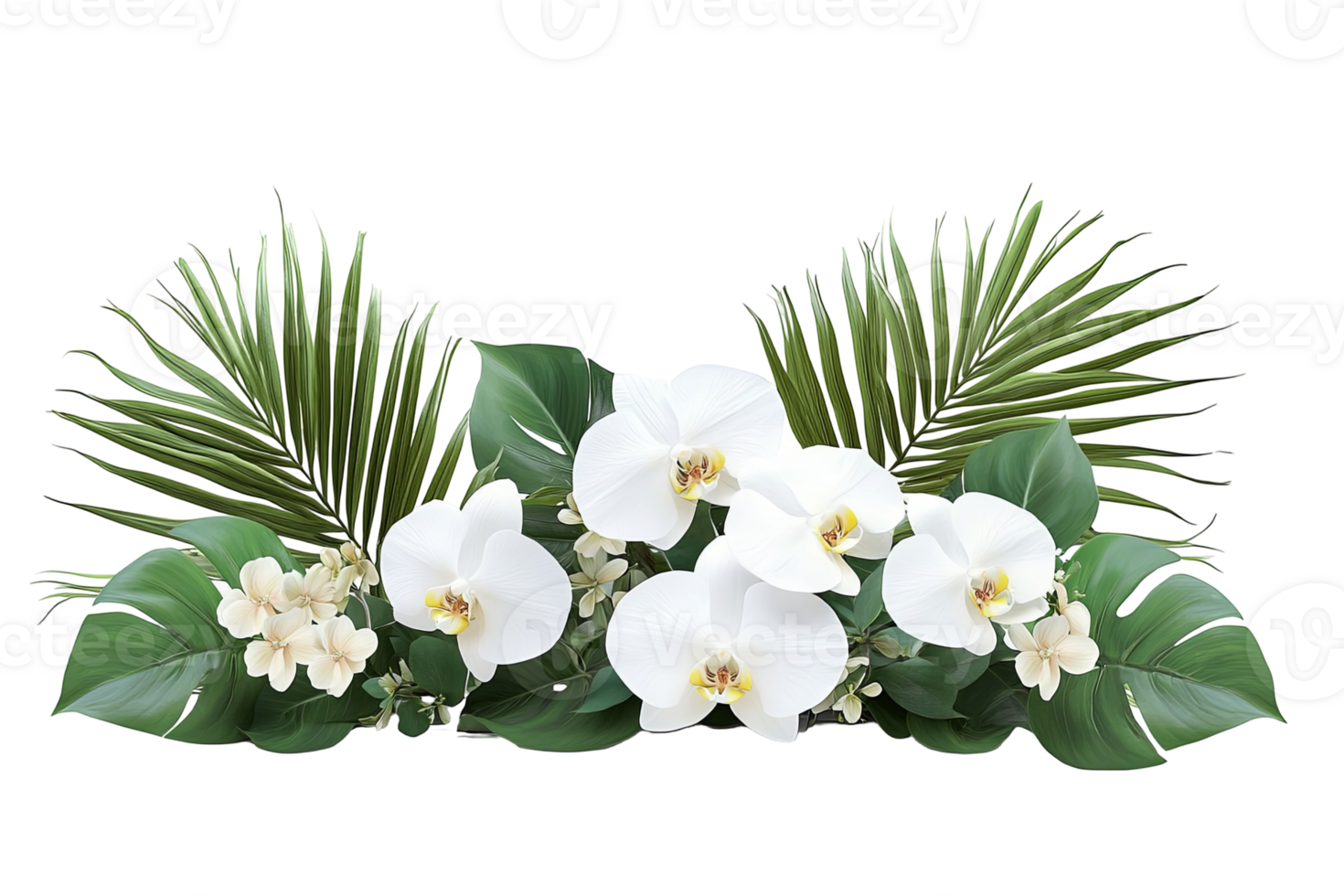 White orchids, small flowers, and vibrant leaves are arranged artistically png
