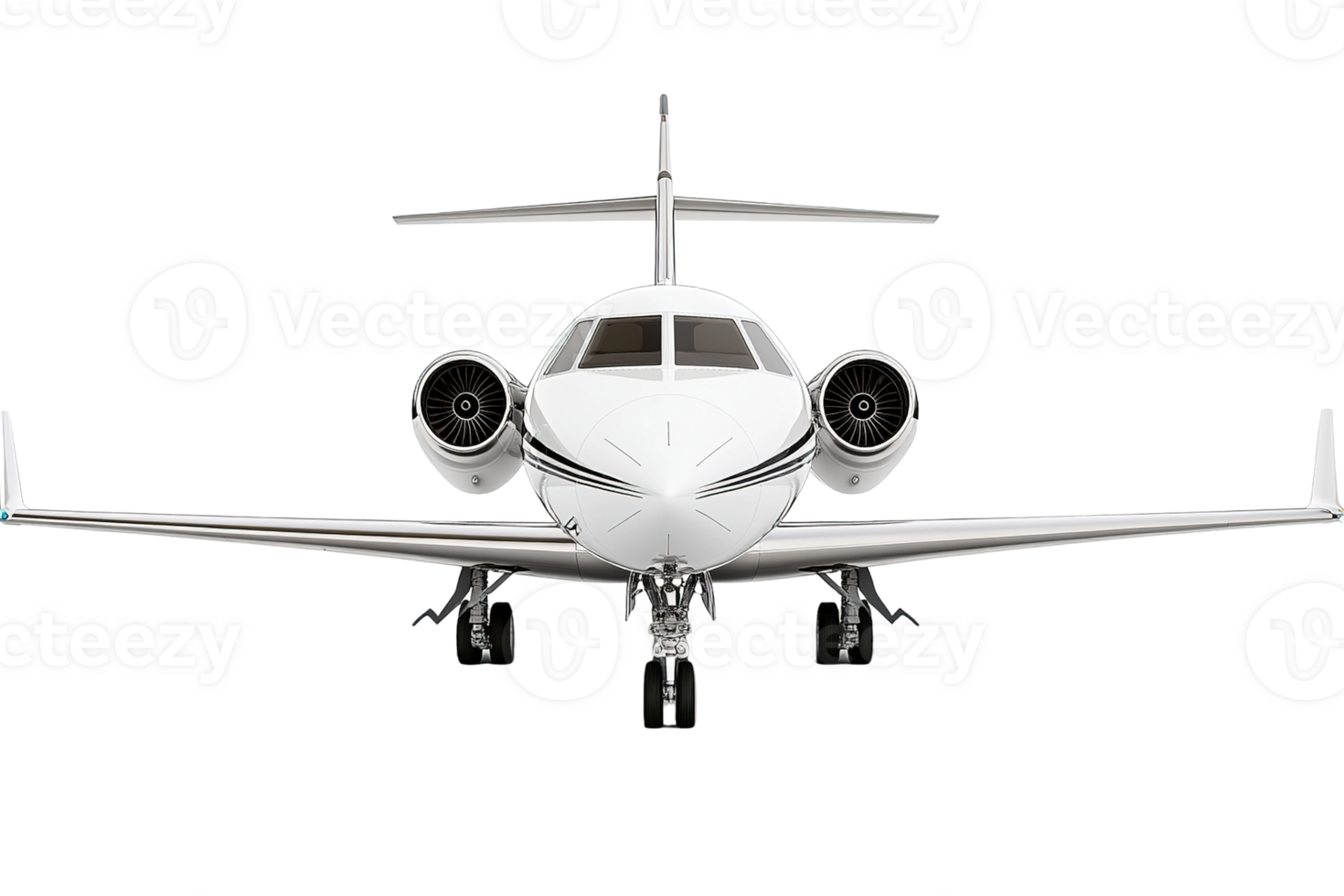 White jet airplane faces forward with detailed engines, wings, and landing gear against a transparent background png