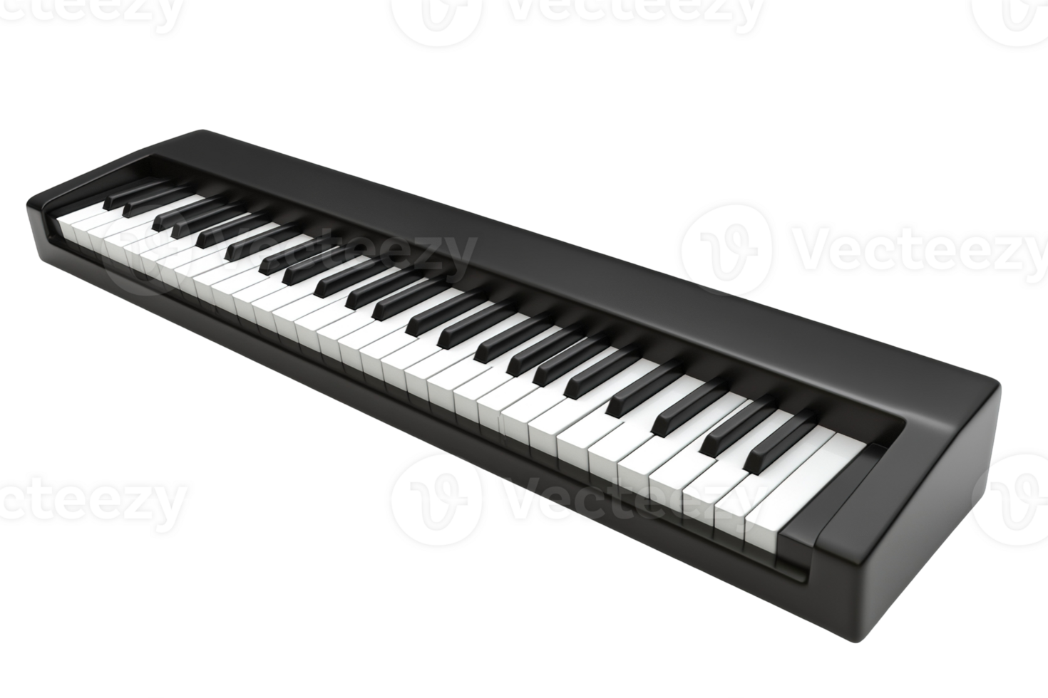 Black keyboard features white and black keys, sleek design. Good for music creation and digital performances png