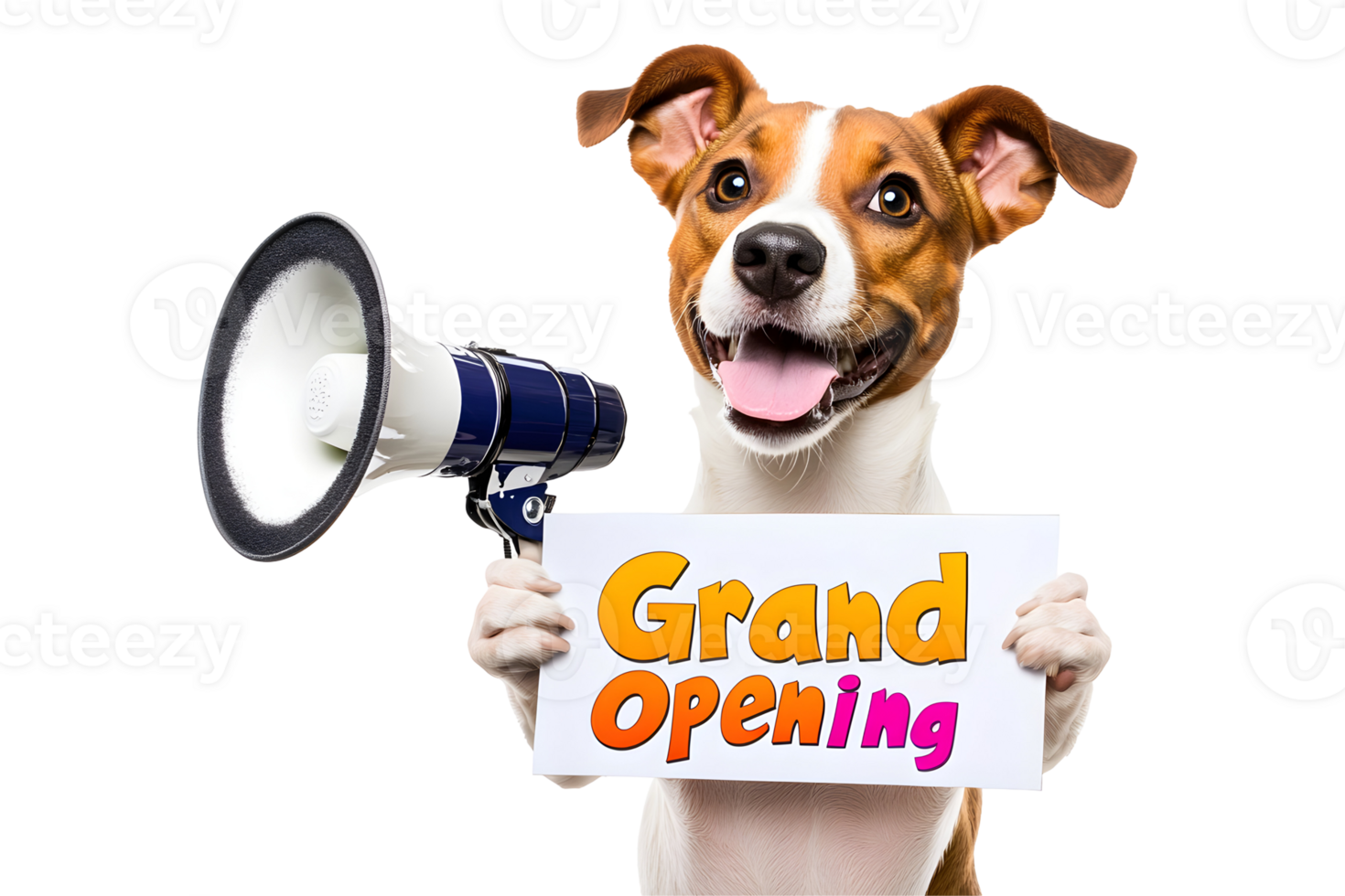 Cute dog with megaphone holding Grand Opening sign on transparent background png