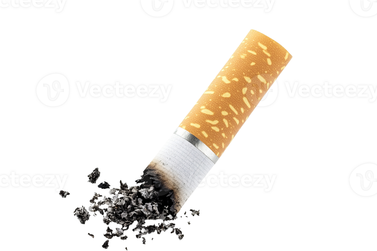 Lit cigarette. Ash, smoke, and smoldering paper show a discarded cigarette on a transparent background png