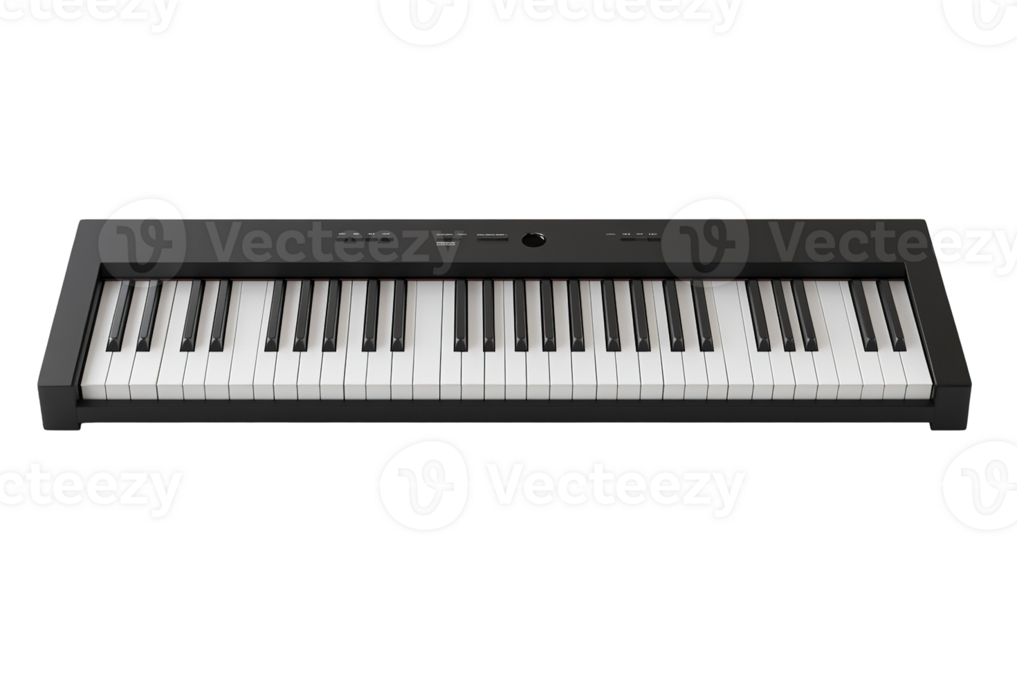 Minimalist, low-angle shot of a sleek, black digital piano with standard white and black keys against a solid transparent background png