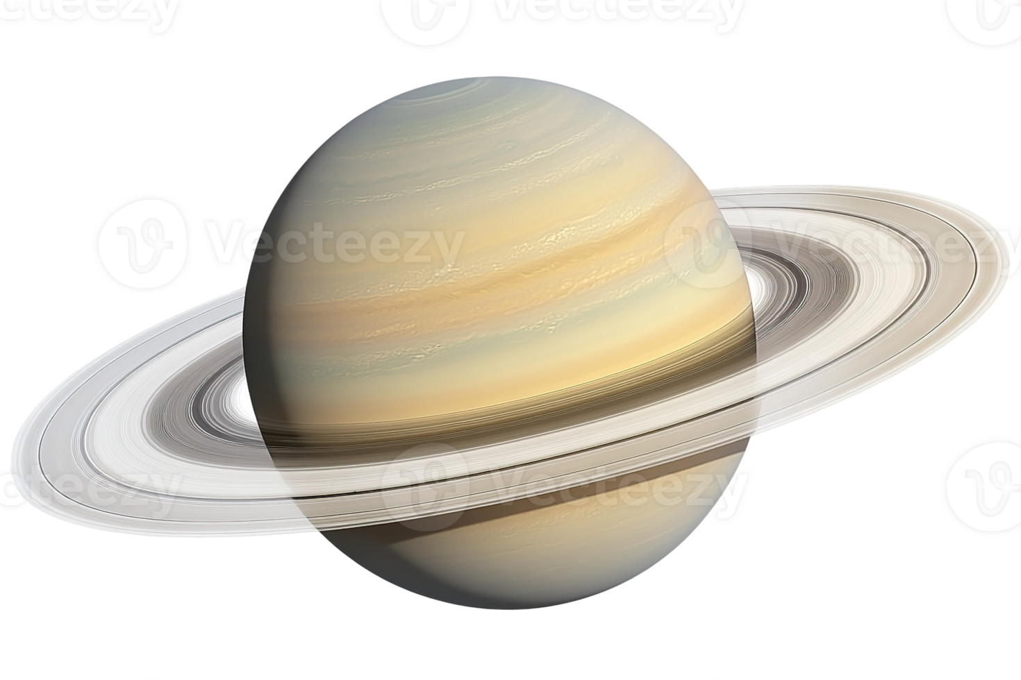 Saturn Spherical planet with prominent rings, banded atmosphere, shades of beige, and gradient lighting transparent background png