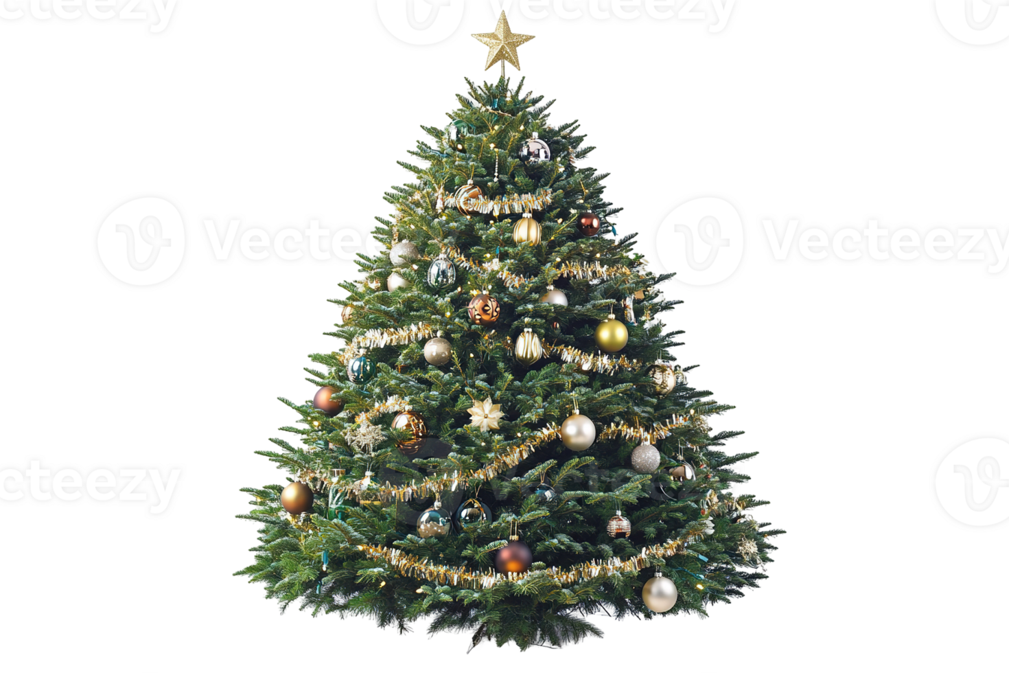 Decorated Christmas tree. Ornaments, tinsel, and a star adorn a fir against a transparent background png
