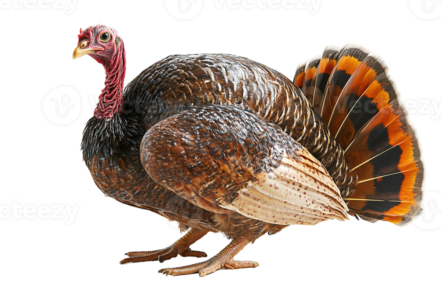 Brown turkey with red head and orange-tipped tail feathers isolated on transparent background png