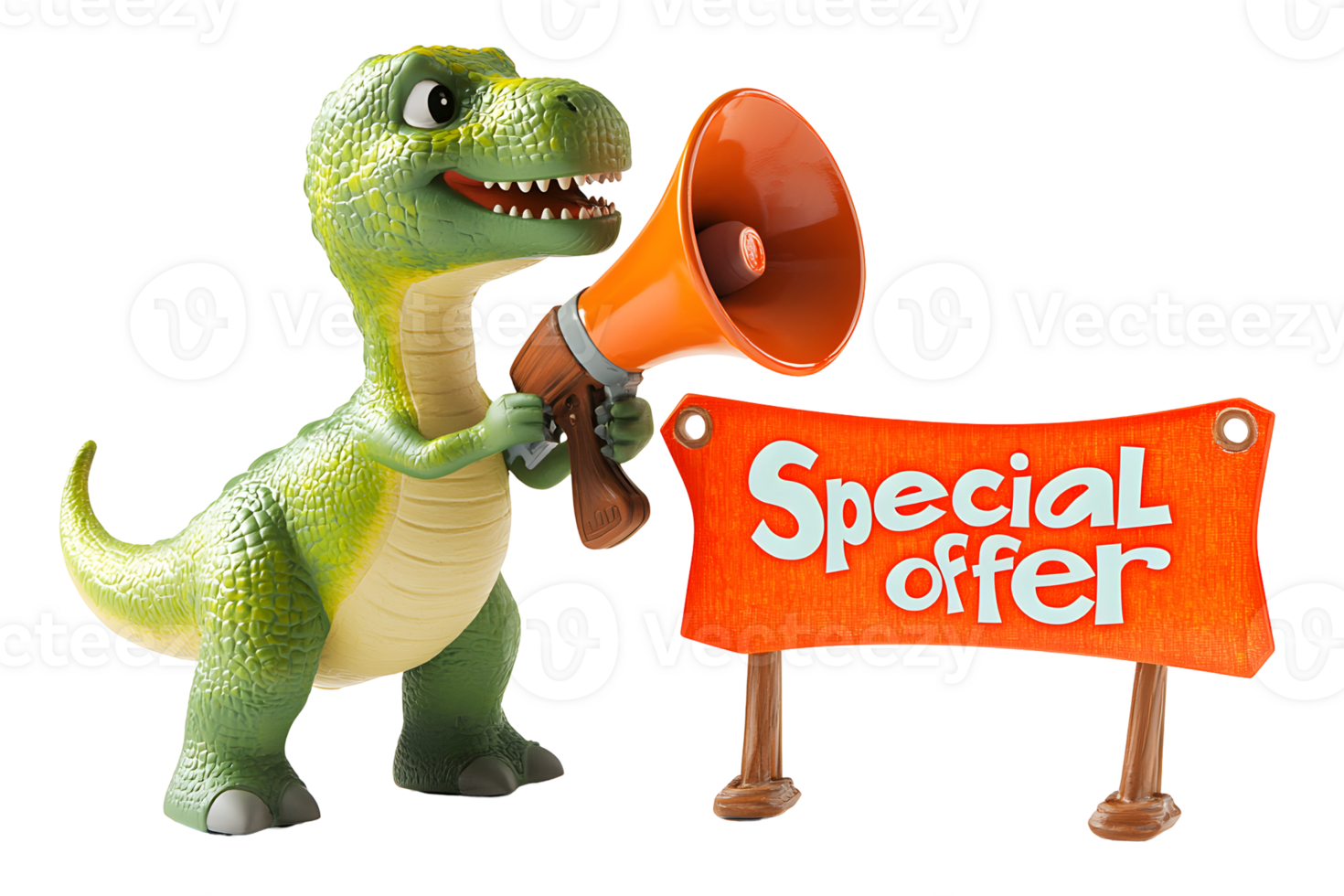 Adorable dinosaur character standing with megaphone shouting special offer message in cheerful cartoon style png