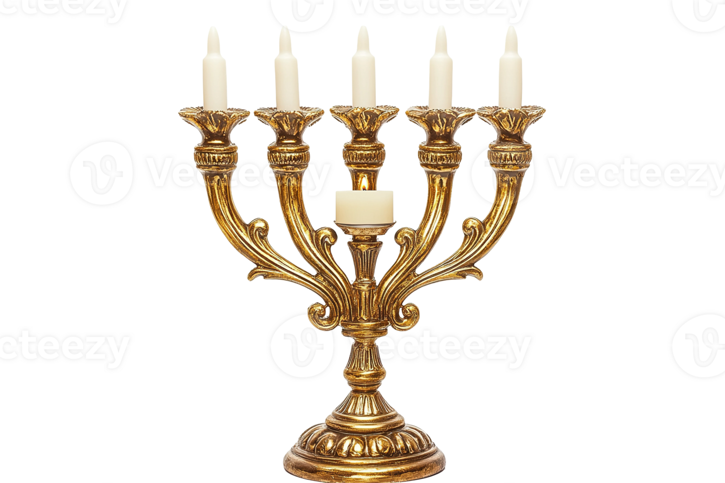 Gold candelabrum holding seven unlit candles, on a transparent background, with intricate designs png