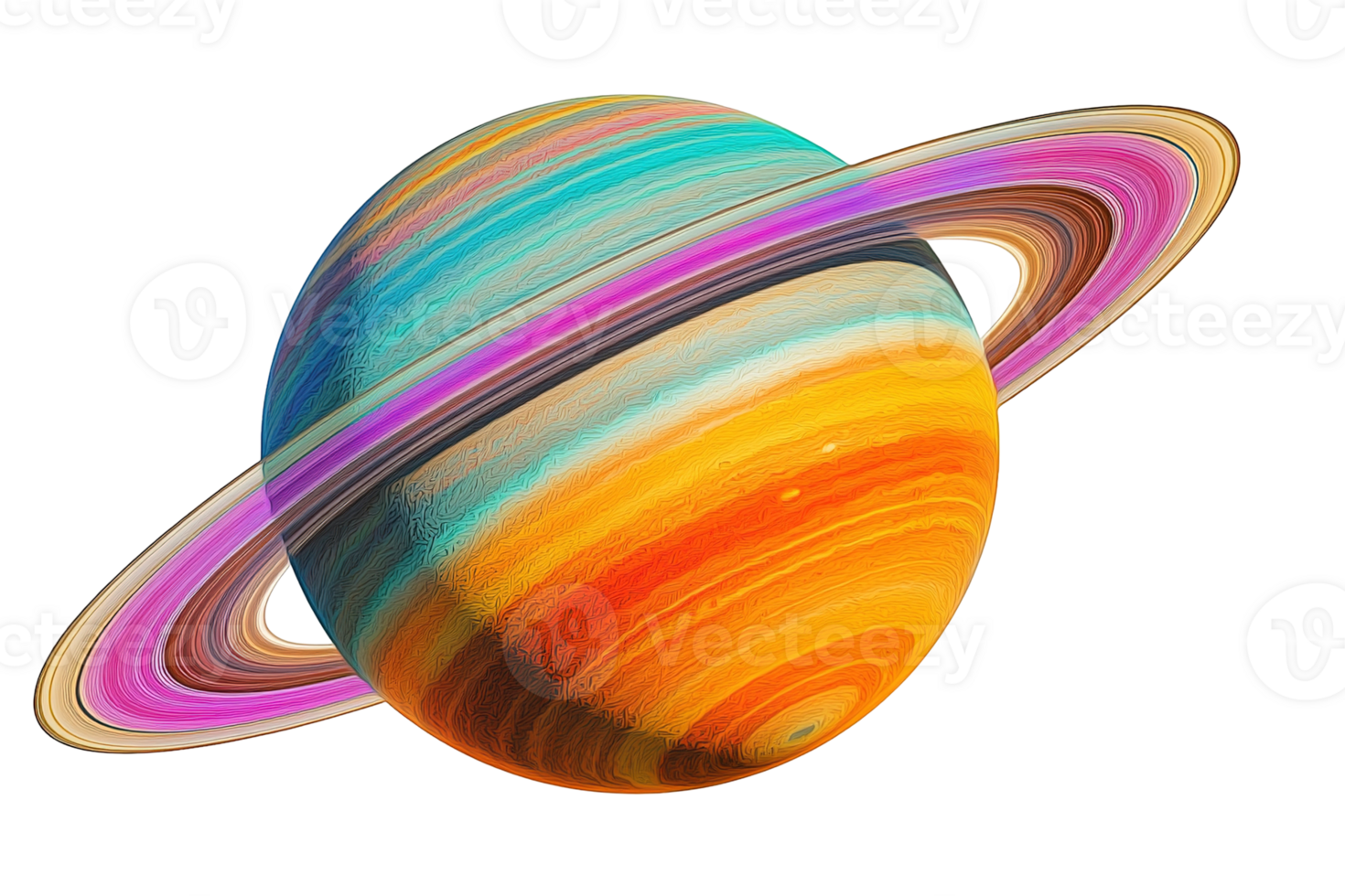 Colorful planet with rings. Shades of orange, blue, and pink create a vibrant, textured cosmic scene against a transparent background png