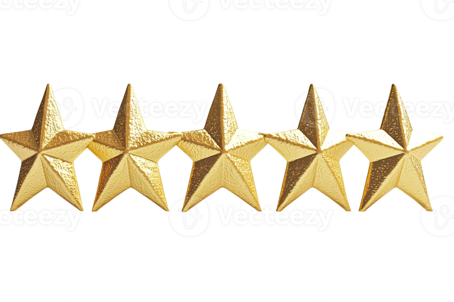 Five golden stars aligned. Sharp points shine, symbolizing top quality and achievement against transparent background png