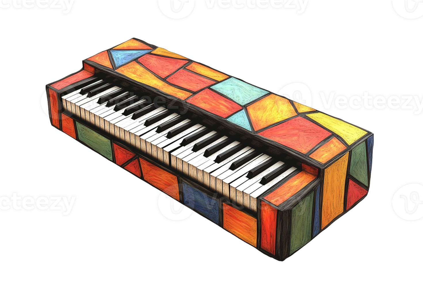 Stained-glass piano. Keys gleam against the vibrant, geometric shapes. Unique instrument artwork png