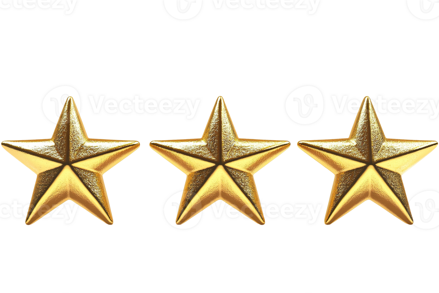 Three golden stars in a horizontal row. Metallic texture with intricate detailing. Symbolizing ranking, quality, or achievement png