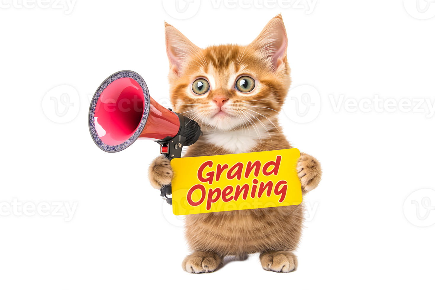 Adorable cat holding Grand Opening banner and megaphone on transparent background png