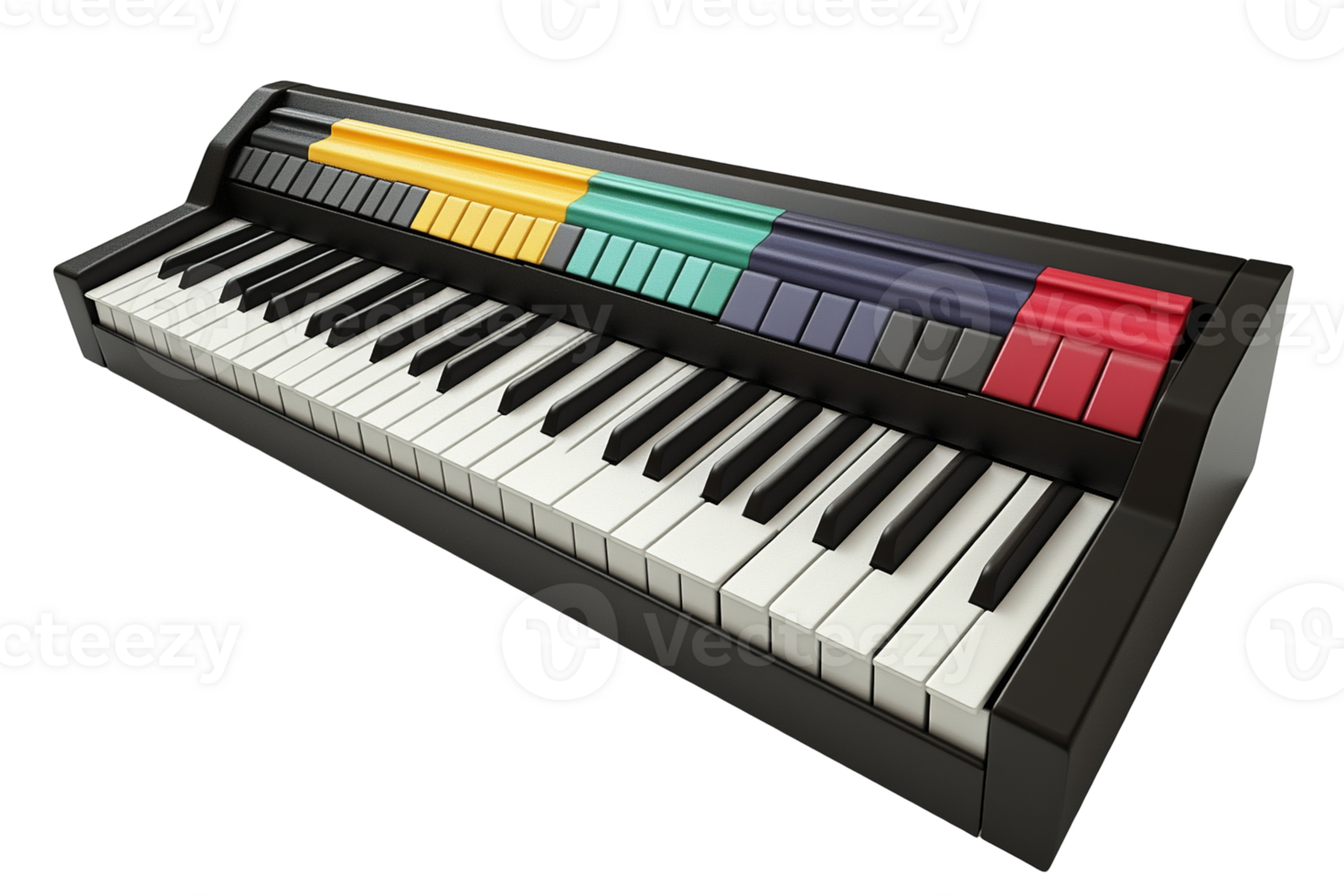 Keyboard with colored sections above white keys. Black keyboard frame sits on transparent background png