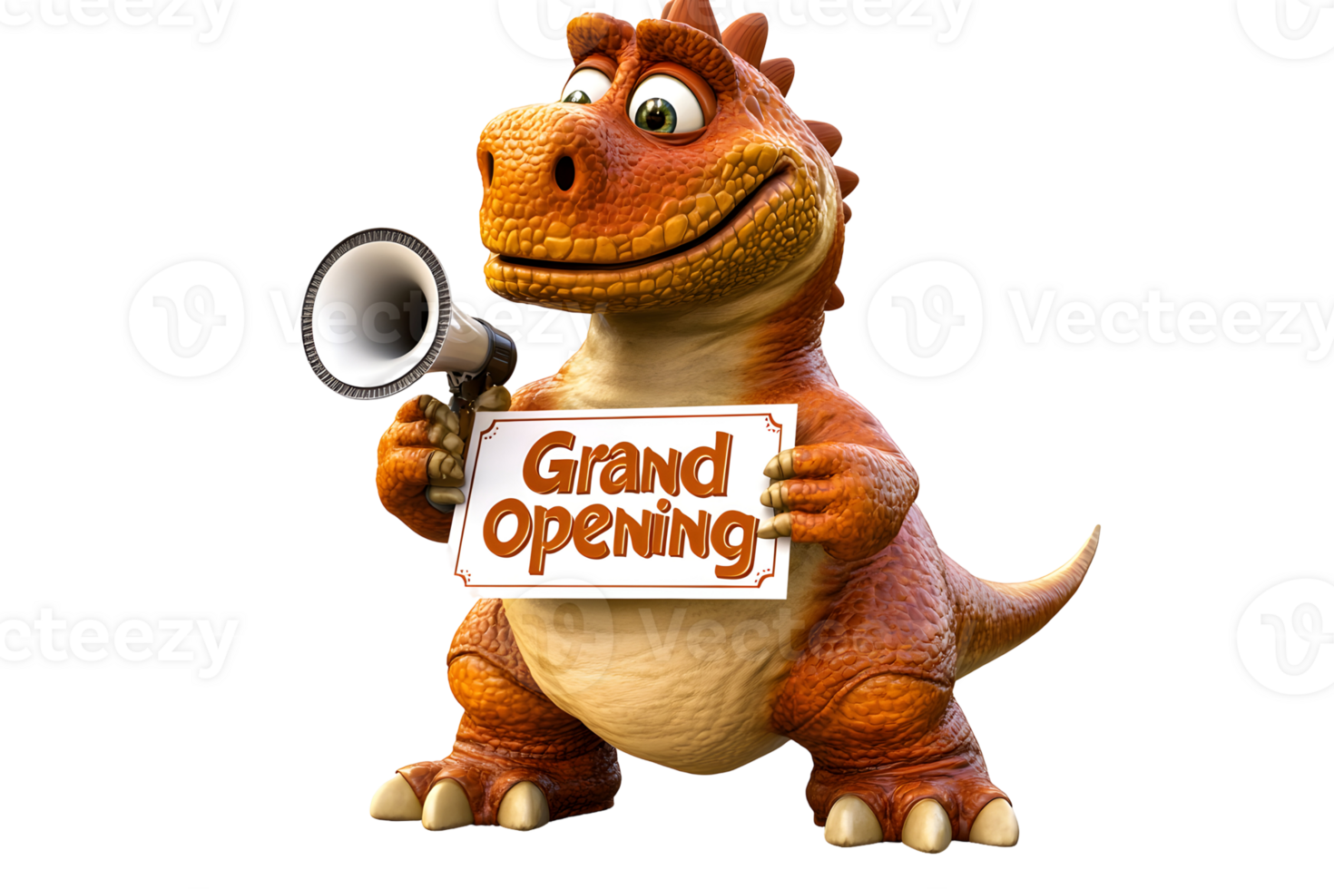 Cute brown T-Rex holding megaphone promoting grand opening banner on transparent background png