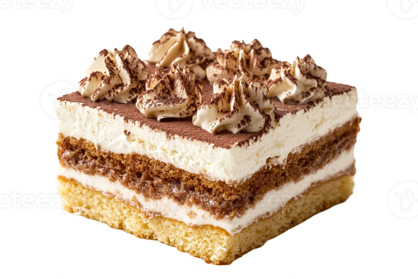 Layered dessert with cream, coffee-soaked biscuits, and cocoa powder. Beige base with tan and white layers png