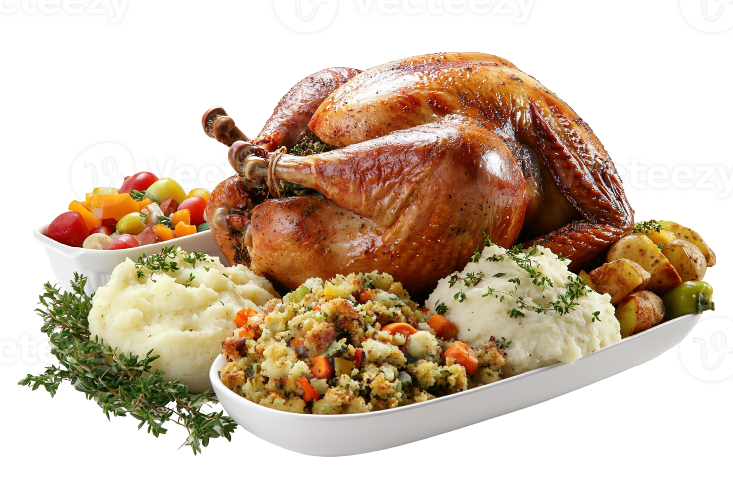 Festive turkey platter golden bird, mashed potatoes, stuffing, colorful vegetables. Delicious food presentation png