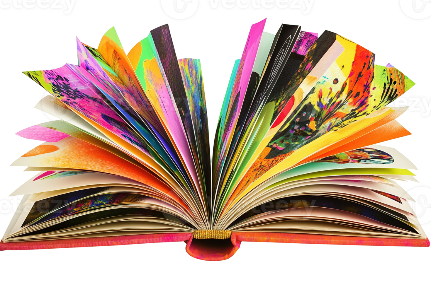 Vivid pages fan open, revealing colorful abstract art in an open book with a brown spine transparent background png
